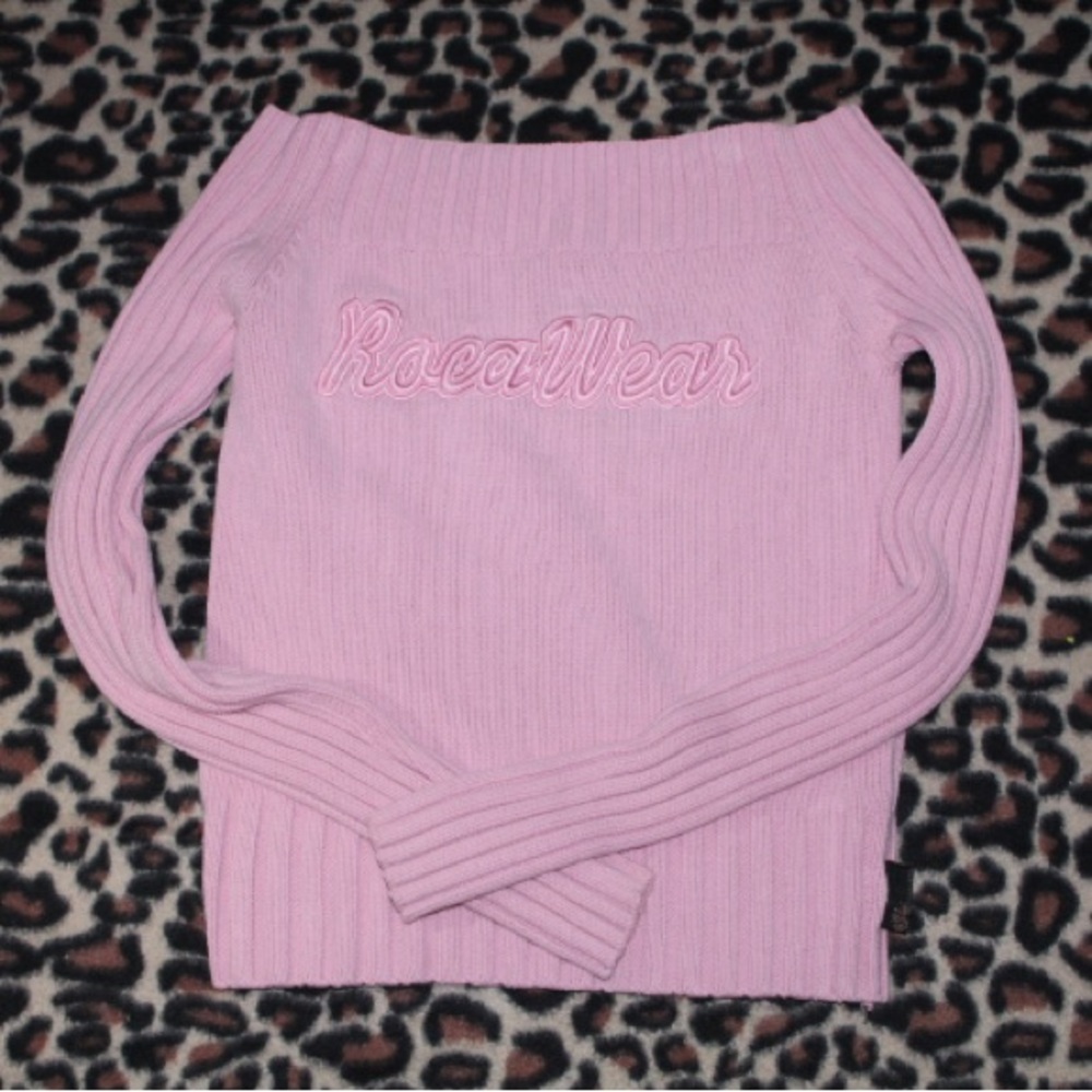 vintage early 2000s rocawear off the shoulder pink knit sweater